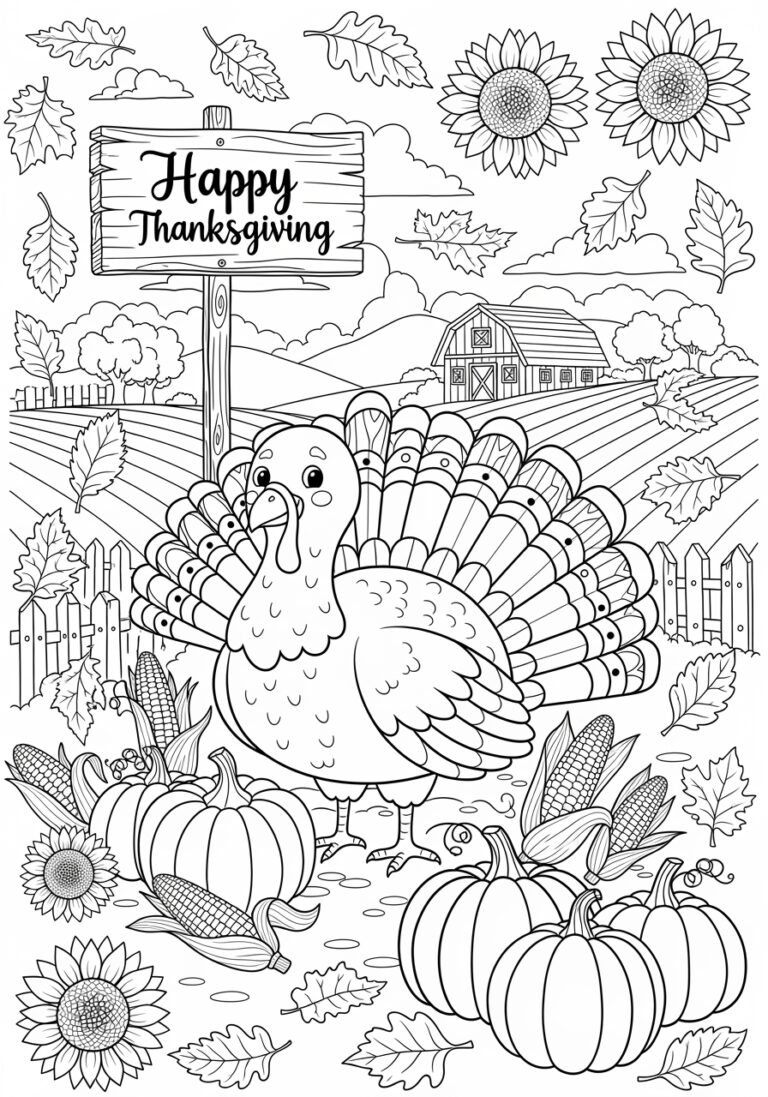 cute thanksgiving coloring page with friendly turkey